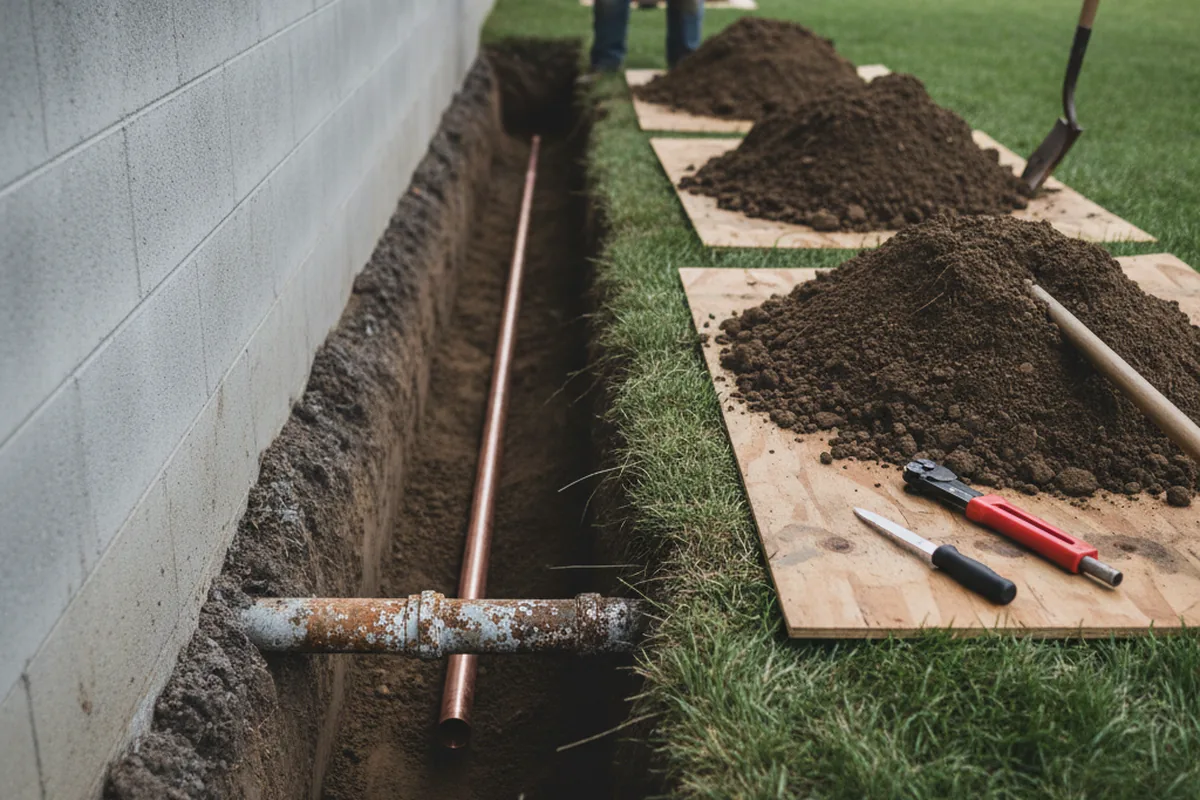 Excavated water line trench during Sewer Line Repair in Farmington